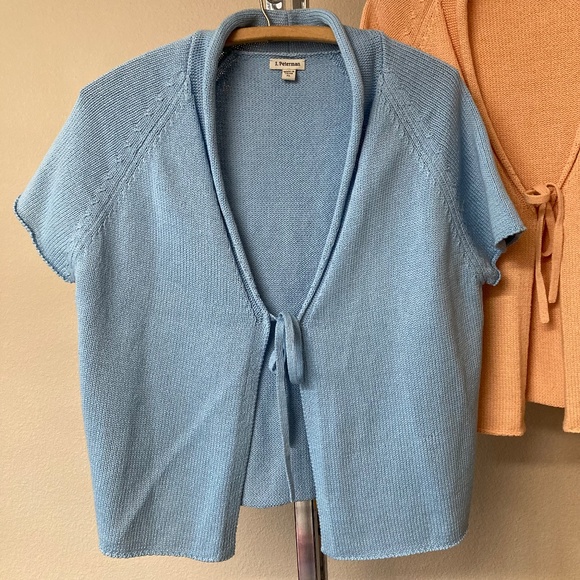 Lot Of 2 XL J Peterman Cotton Short Sleeve Sweaters Tie Front Blue Peach - Picture 2 of 12
